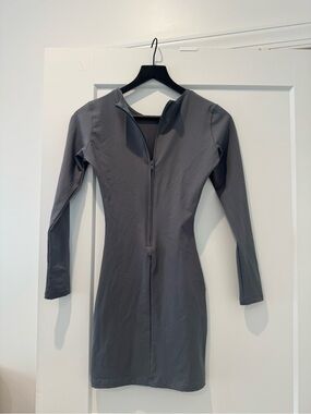 Stript Long Sleeve Grey Zip-Front Bodycon Dress